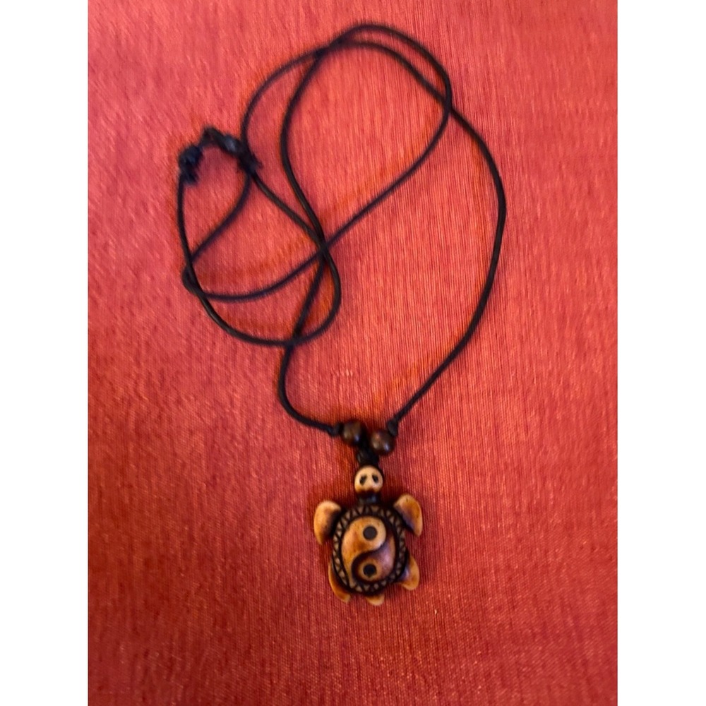 Carved Turtle Yin Yang Pendant Necklace - Black Cord